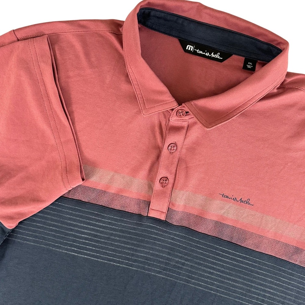 Travis Mathew Mens XXL Golf Polo Shirt Navy Rose Pink Striped Colorblock Preppy
